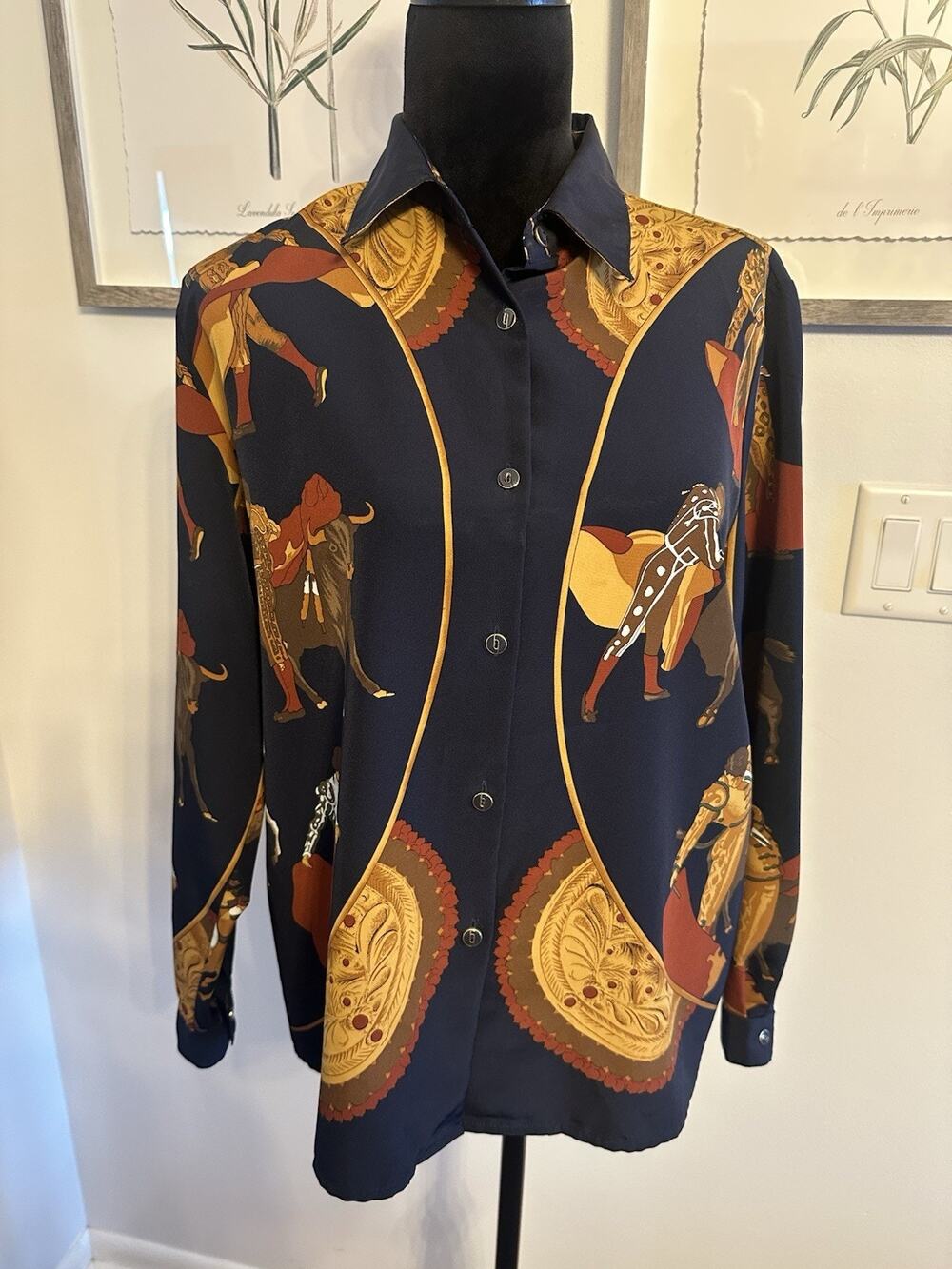 Vintage Claudia Richard Spanish Matador/Bullfighting Novelty Print Blouse Size14